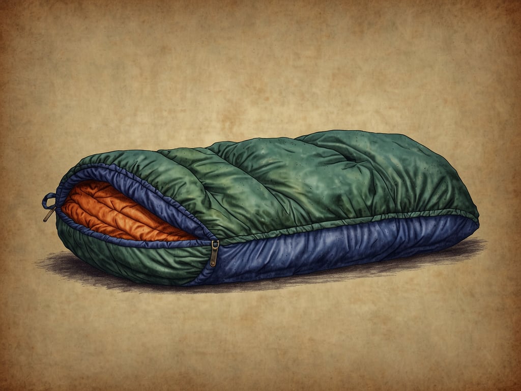 Auf dem Bild ist ein Schlafsack zu sehen. Er hat eine grüne Außenseite und eine orange Innenseite. Der Schlafsack ist leicht geöffnet und liegt auf einem beige Hintergrund.