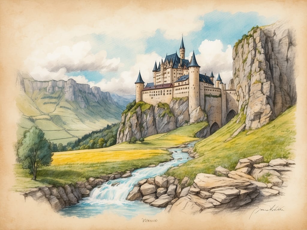 Auf dem Bild ist eine beeindruckende Burg zu sehen, die majestätisch auf einem Felsen thront. Um die Burg herum erstreckt sich eine malerische Landschaft mit sanften Hügeln und einem klaren, plätschernden Fluss, der durch das grüne Tal fließt.

Die Burg könnte ein beliebtes Ziel für Touristen sein, die gerne die Geschichte erkunden und die Aussicht genießen möchten. Auf dem Weg dorthin könnten Besucher an alten Dörfern vorbeikommen, die traditionelle Architektur und charmante Cafés bieten. 

Einige Sehenswürdigkeiten entlang des Weges könnten auch Wanderwege sein, die zu atemberaubenden Aussichtspunkten führen, sowie kleine Wasserfälle, die die Naturkulisse noch spektakulärer machen. Die Umgebung bietet Möglichkeiten für Picknicks oder einfach nur zum Entspannen in der Natur, bevor man schließlich die Burg erreicht und in die Geschichte eintaucht.