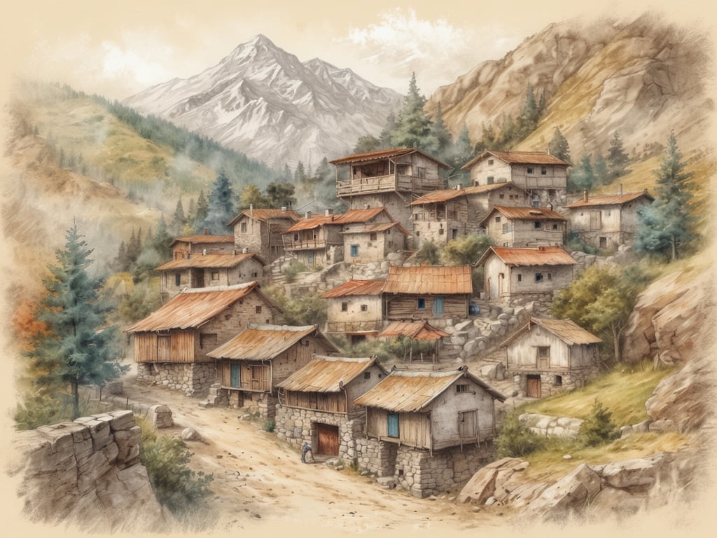 Auf dem Bild ist eine malerische alpine Dorfszene zu sehen. Es zeigt eine Ansammlung von traditionellen, rustikalen Holzhäusern und -hütten, die sich an einen Hang schmiegen, umgeben von majestätischen Bergen und dichten Wäldern. Die Dächer der Häuser sind schräg und aus Blech oder Holz, was typisch für solche Regionen ist. Der Weg, der durch das Dorf führt, wirkt einladend und vermittelt ein Gefühl von Ruhe und Abgeschiedenheit, fast so, als ob es aus einer anderen Zeit stammt, ähnlich der Geschichte von Schruns, wo Tradition und Naturschönheit in Harmonie existieren. Die Kulisse erinnert an die tief verwurzelte Kultur und das Handwerk, das die Gegend geprägt hat.