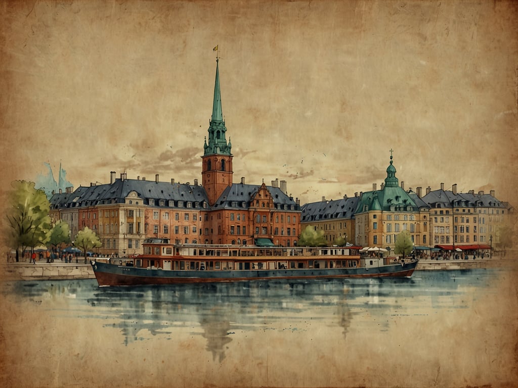 Auf dem Bild ist eine malerische Ansicht einer Stadt zu sehen, die von Wasser umgeben ist. Im Vordergrund befindet sich ein Schiff, das am Ufer liegt. Im Hintergrund sind historische Gebäude mit Türmen und Dächer in unterschiedlichen Farben zu erkennen. Die Darstellung hat einen nostalgischen, gemäldeartigen Stil. Es könnte sich um eine Szene in einer europäischen Stadt handeln, möglicherweise Stockholm, das für seine Wasserwege und Architektur bekannt ist.