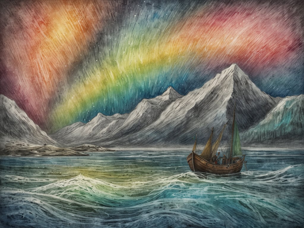 Auf dem Bild ist eine malerische Szene zu sehen, die eine Wasserlandschaft mit einem traditionellen Boot zeigt, das in einem Gewässer segelt. Im Hintergrund erheben sich majestätische Berge, und der Himmel ist mit einem zauberhaften, bunten Lichtspiel gefüllt, das wahrscheinlich das Nordlicht darstellt. 

In Schweden ist das Nordlicht, bekannt als 