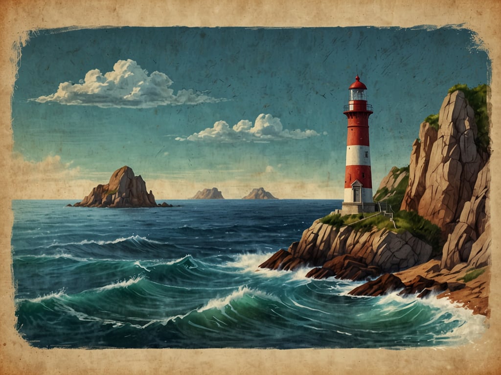 Auf dem Bild ist ein Leuchtturm zu sehen, der an einer felsigen Küste steht. Der Leuchtturm hat rot-weiße Streifen und steht auf einer Klippe, während Wellen gegen die Felsen schlagen. Im Hintergrund sind mehrere kleine Inseln und ein wolkiger Himmel zu erkennen. Die Szenerie vermittelt ein maritimes Gefühl, ideal für die Navigation auf offenem Wasser.