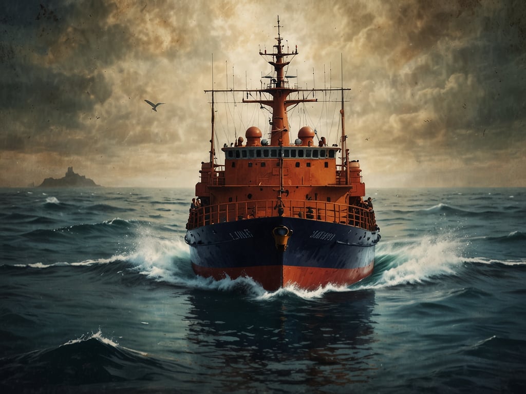 Auf dem Bild ist ein Schiff zu sehen, das durch hohe Wellen fährt. Das Schiff, das in leuchtenden Farben gestaltet ist, könnte im Einsatz zur Seenotrettung sein. Es steht symbolisch für die wichtige Arbeit, Menschen in Seenot zu helfen und sie aus gefährlichen Situationen auf dem Wasser zu retten. Im Hintergrund ist ein Hügel oder eine kleine Insel zu erkennen, was die maritime Atmosphäre unterstreicht.