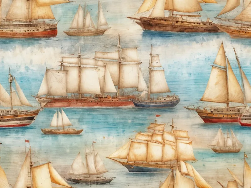 Illustration: Klassisches Segelschiff mit weißen Segeln auf bewegter See, mehrere Masten mit aufgespannten Segeln, dunkler Schiffsrumpf, Wellen im Vordergrund.