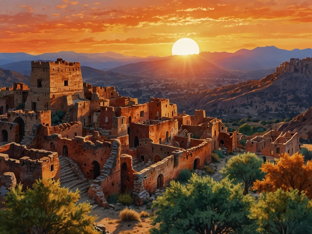 Auf dem Bild ist eine malerische Landschaft mit alten Ruinen zu sehen, die eine Sehenswürdigkeit darstellen. Im Hintergrund geht die Sonne unter und taucht die Umgebung in warmes Licht. Die Ruinen könnten Teil einer historischen Stätte sein, umgeben von sanften Hügeln und Vegetation.