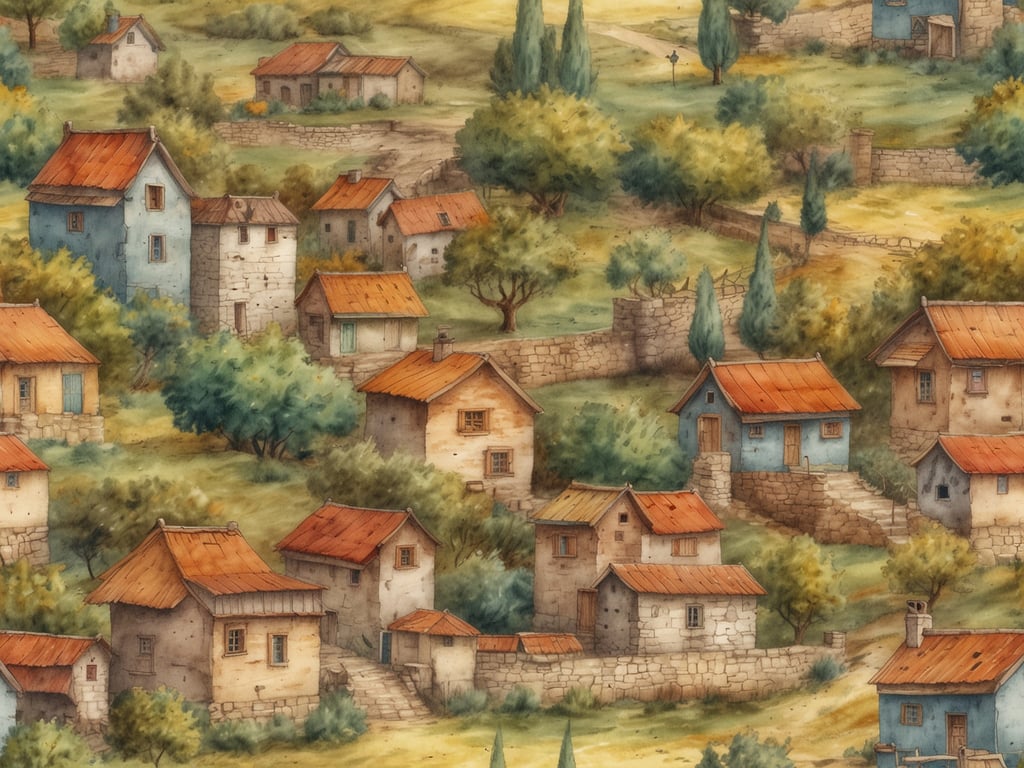 Auf dem Bild sind versteckte Dörfer und charmante Städtchen zu sehen. Die Landschaft ist von sanften Hügeln geprägt, und die kleinen, farbenfrohen Häuser gruppieren sich malerisch in einer idyllischen Umgebung. Die roten Dächer und die umgebende Natur verleihen den Dörfern einen einladenden Charakter. Die Szenerie strahlt Ruhe und Gelassenheit aus, ideal für entspannte Spaziergänge und die Erkundung der Umgebung.
