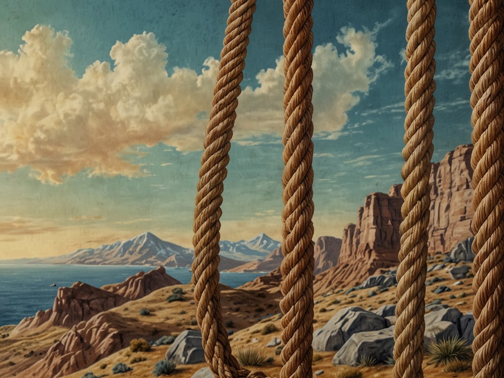 Auf dem Bild ist eine malerische Landschaft mit Bergen, einem Meer und einer sanften Hügellandschaft zu sehen. Vor diesem Hintergrund sind mehrere Seile angebracht, die durch ihre Struktur und Farbe hervorgehoben werden. Die Kombination aus der natürlichen Szenerie und den Seilen schafft ein interessantes visuelles Element.