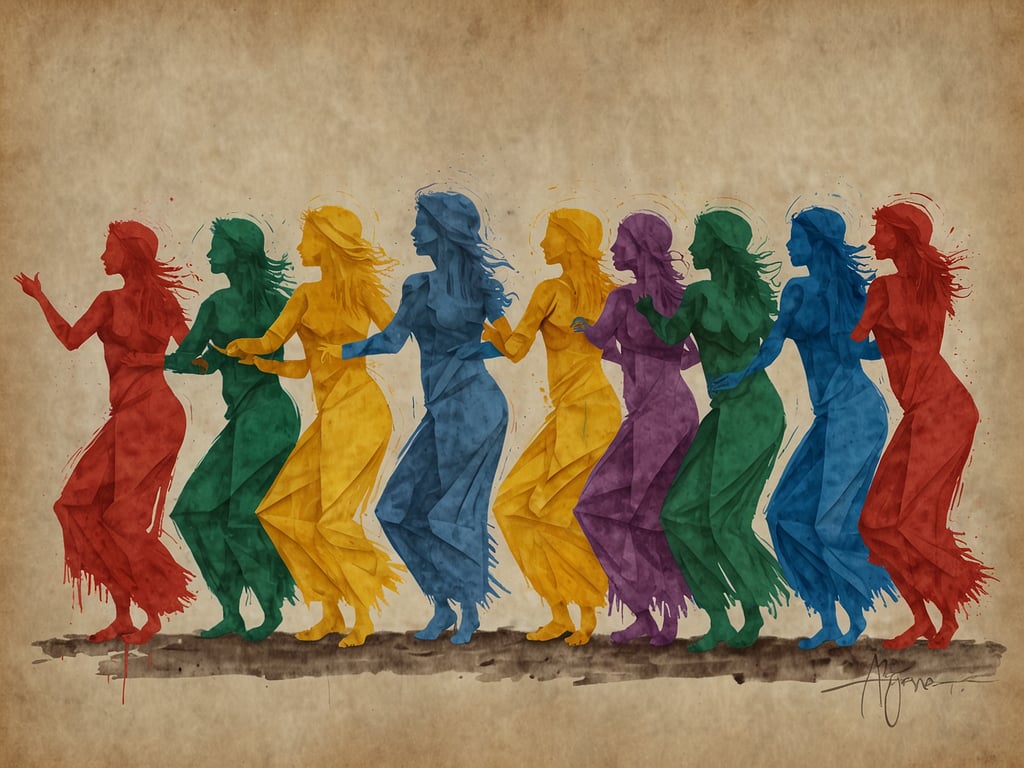 Auf dem Bild sind Tanzende in verschiedenen Farben dargestellt, was die Lebendigkeit und Vielfalt der Garifuna-Kultur symbolisiert. Die Figuren scheinen sich synchron zu bewegen, was den Rhythmus und die Energie ihrer traditionellen Musik widerspiegelt. Der Tanz ist ein wesentlicher Ausdruck dieser Kultur, der sowohl Gemeinschaftsgefühl als auch kulturelle Identität feiert. Die Verwendung von lebendigen Farben verstärkt das Gefühl von Freude und Feierlichkeit, das mit Musik und Tanz in der Garifuna-Tradition verbunden ist.