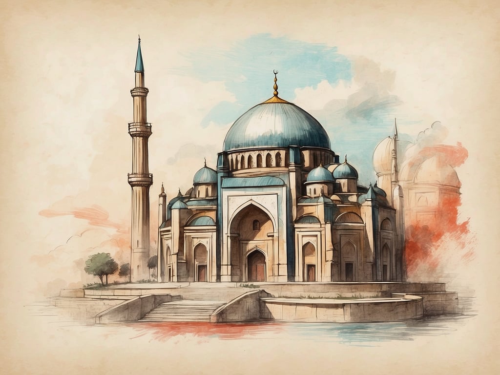 Auf dem Bild ist eine Darstellung eines Gebäudes mit einer Kuppel und Minaretten zu sehen, das arabische Architekturmerkmale aufweist. Es könnte sich um eine Moschee oder einen ähnlichen religiösen Bau handeln.

Albanien existiert als eigener Staat seit der Unabhängigkeitserklärung am 28. November 1912.