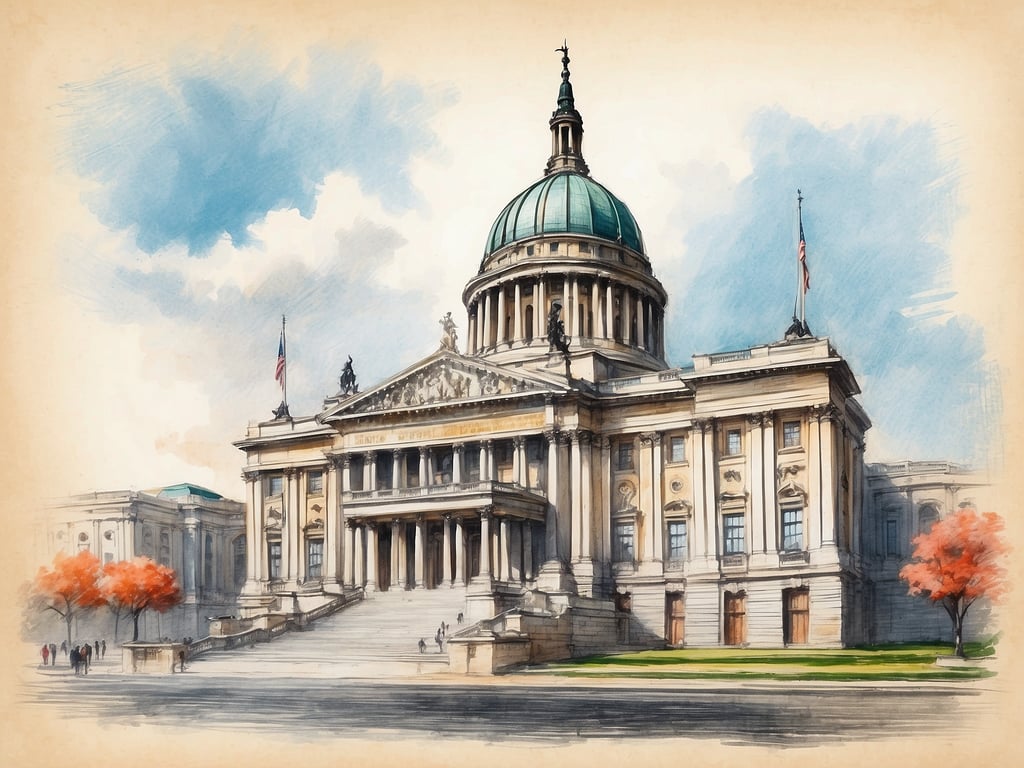 Auf dem Bild ist ein historisches Gebäude mit einer großen Kuppel und einer beeindruckenden Fassade zu sehen, das umgeben ist von Bäumen und Menschen. Es könnte sich um ein Regierungs- oder Verwaltungsgebäude handeln.

Berlin ist seit 1990 die Hauptstadt Deutschlands.