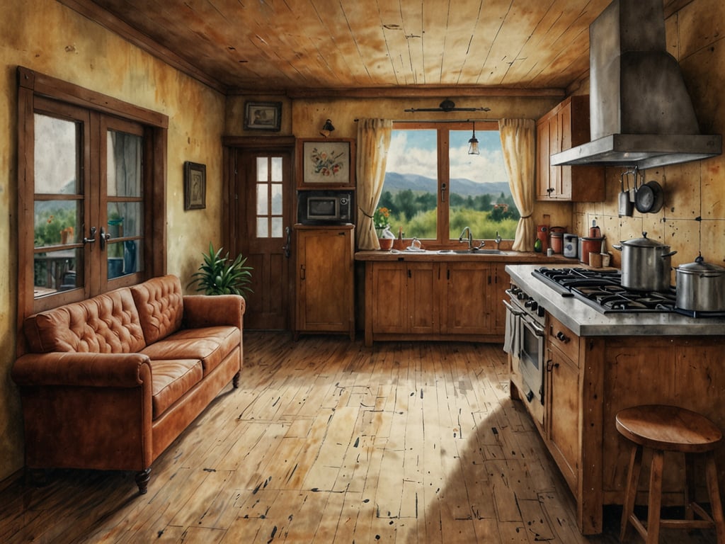 Auf dem Bild ist eine gemütliche Küche zu sehen. Die Wände sind in einem warmen Farbton gehalten, und die Holzböden verleihen dem Raum eine einladende Atmosphäre. Links steht ein braunes, gepolstertes Sofa, während rechts die Kücheneinrichtung zu sehen ist, inklusive eines Gasherds und Küchenschränken aus Holz. Große Fenster sorgen für viel Licht und bieten einen Blick auf die grüne Landschaft draußen. Die Fenster sind mit hellen Vorhängen geschmückt, und es gibt einige Kochutensilien und Pflanzen, die den Raum lebendig wirken lassen.