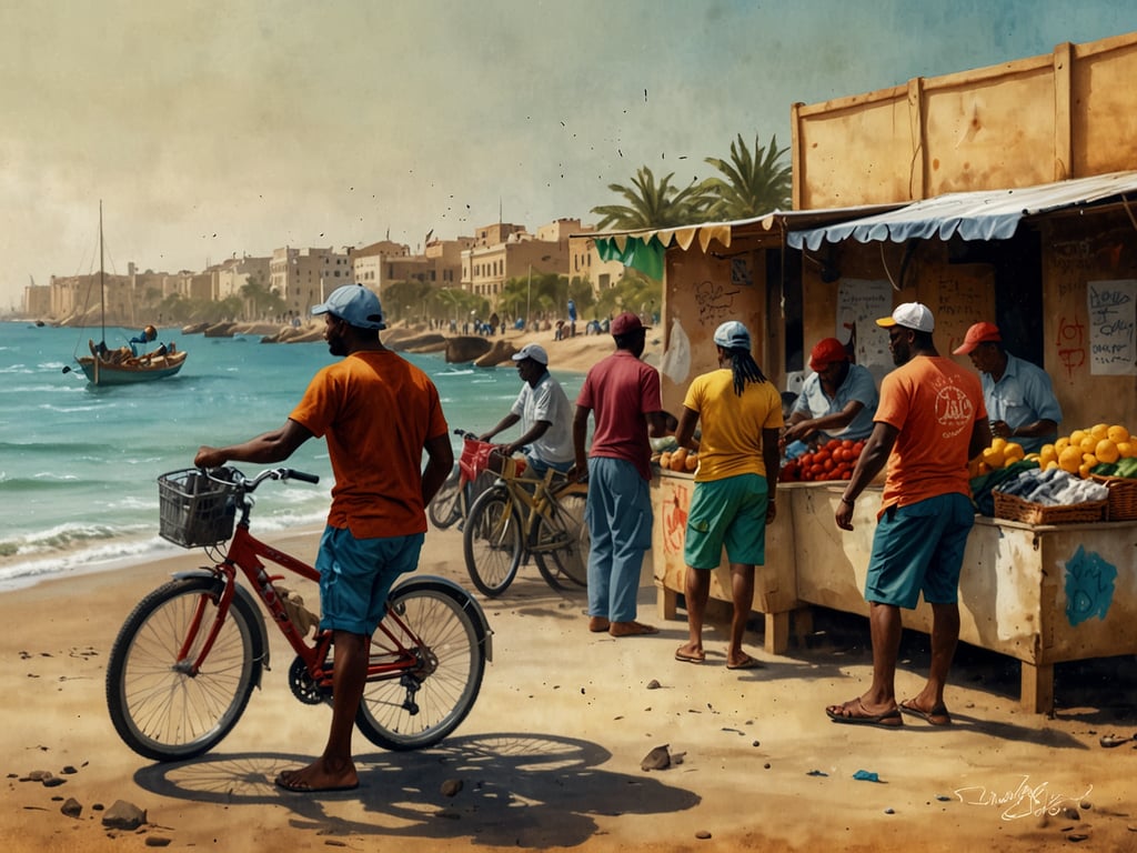 Auf dem Bild ist eine lebhafte Szene am Strand von Dakar zu sehen, wo das lokale Leben pulsiert. Es gibt einen Markt, auf dem Menschen frisches Obst und Gemüse verkaufen, was typisch für die Märkte in Dakar ist, wie den Sandaga-Markt. 

Einige Männer scheinen mit Fahrrädern unterwegs zu sein, was eine beliebte Fortbewegungsart in der Stadt ist und oft genutzt wird, um die Strände oder nahegelegene Attraktionen zu erreichen. Die sanften Wellen im Hintergrund lassen auf die Nähe zum Atlantischen Ozean schließen, wo man oft Aktivitäten wie Schwimmen, Bootfahren oder einfach nur Entspannen am Strand genießen kann.

Die Szene zeigt auch die freundliche Interaktion zwischen den Verkäufern und den Kunden, was das soziale Leben in Dakar wiederspiegelt. In dieser Stadt werden kulturelle Erlebnisse, lokale Küche und Musik oft in solch lebhaften Umgebungen erlebt.