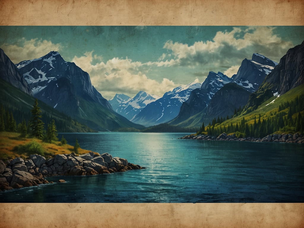 Auf dem Bild ist eine malerische Landschaft zu sehen, die an die Naturwunder von Senja erinnert. Es zeigt majestätische Berge, die mit Schnee bedeckt sind, und einen ruhigen, klaren Wasserlauf, umgeben von üppigem Grün, Bäumen und steinigen Ufern. Der Himmel ist teilweise bewölkt und sorgt für eine friedliche, entspannte Atmosphäre. Diese Szenerie könnte den Betrachter an die beeindruckende Schönheit Norwegens erinnern, speziell an die dramatischen Küstenlandschaften und die atemberaubenden Fjorde von Senja.