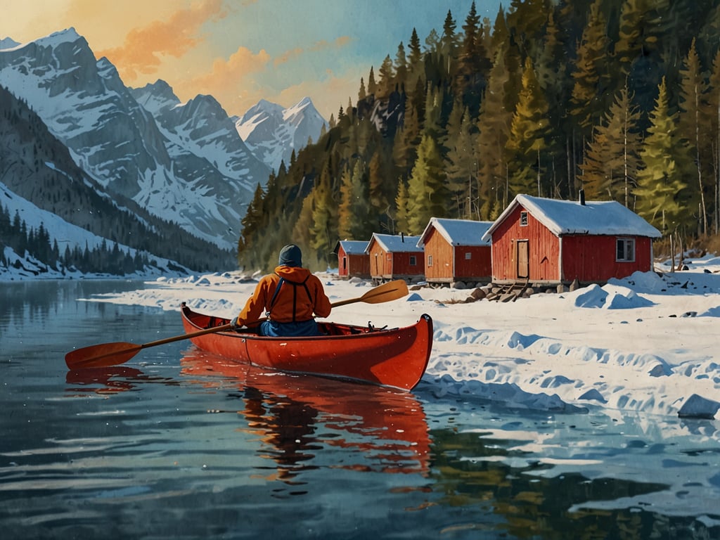 Auf dem Bild sieht man einen Paddler in einem roten Kajak, der entspannt auf einem ruhigen Gewässer paddelt, umgeben von majestätischen Bergen und schneebedeckten Landschaften. Im Hintergrund erkennt man rote Holzhütten, die typisch für die Region Senja sind. 

Senja bietet eine Vielzahl von Aktivitäten und Abenteuern, darunter Kajakfahren entlang der atemberaubenden Fjorde, Wandern auf malerischen Trails mit spektakulären Ausblicken, sowie die Möglichkeit, die reiche Tierwelt zu beobachten, wie Raubvögel und Seehunde. Im Winter kann man auch Skifahren und Schnee-Events erleben. Die ruhige Schönheit der Natur macht Senja zu einem perfekten Ziel für Outdoor-Enthusiasten.