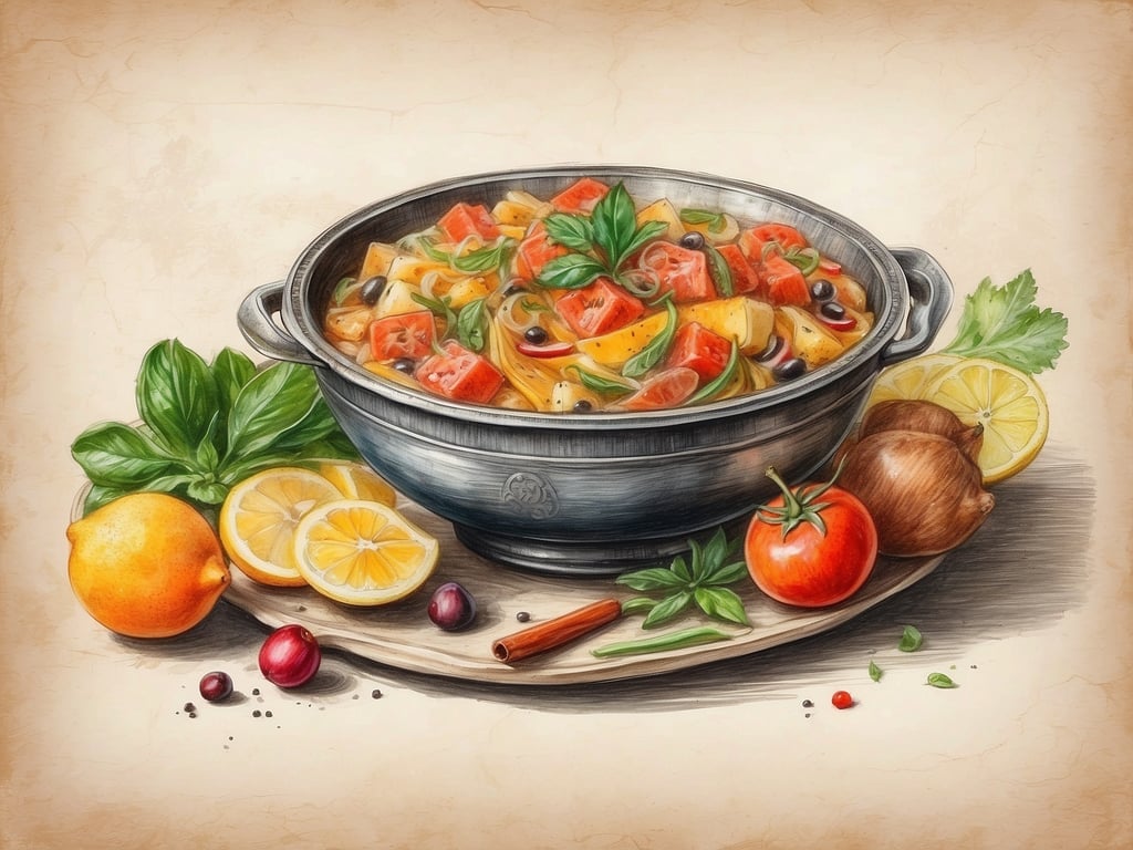 Auf dem Bild ist ein Gericht zu sehen, das an die Vielfalt der serbischen Küche erinnert. Es handelt sich um ein buntes Gemüsegericht, möglicherweise ein Eintopf, der aus verschiedenen frischen Zutaten wie Paprika, Zucchini und Tomaten besteht. Dazu sieht man Zitronen und Orangen, die Frische und Zitrusnoten hinzufügen könnten. Die Verwendung von Kräutern wie Basilikum deutet auf die aromatische Tiefe serbischer Gerichte hin, in denen oft frisches Gemüse und eine Vielzahl von Gewürzen verwendet werden. Solche Gerichte sind typisch für die herzliche und vielfältige serbische Küche.