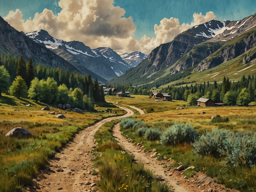 Auf dem Bild ist eine malerische Landschaft zu sehen, die typisch für eine Entdeckungsreise durch das Setesdal ist. Die sanften Hügel und majestätischen Berge umgeben ein ruhiges Tal, während ein serpentinenförmiger Weg durch die grüne Wiese führt. Kleine, rustikale Hütten liegen verstreut am Wegesrand, umgeben von üppigem Grün und bunten Blumen. Die Wolken am blauen Himmel verleihen der Szenerie eine friedliche Atmosphäre und laden dazu ein, die unberührte Natur zu erkunden.