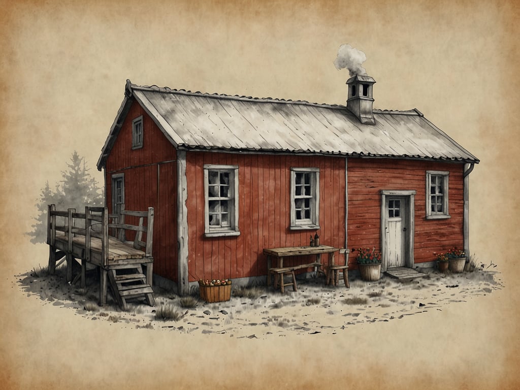 Auf dem Bild ist ein rustikales, rotes Holzhaus zu sehen, das eine einladende Atmosphäre ausstrahlt. Typisch für ländliche Regionen könnten hier lokale Spezialitäten wie frisch gebackenes Brot oder hausgemachte Marmelade angeboten werden. 

Vielleicht gibt es einen kleinen Außenbereich mit Tischen, wo man regionale Gerichte genießen kann, wie z.B. deftige Eintöpfe oder geräucherten Fisch. Der Rauch aus dem Schornstein lässt vermuten, dass es drinnen warm ist und eventuell ein herzhaftes Gericht gekocht wird, das die Gäste anzieht. Solch ein Ort könnte auch lokale Getränke, wie Apfelmost oder handgebrautes Bier, servieren und somit eine perfekte Kulisse für kulinarische Erlebnisse bieten.