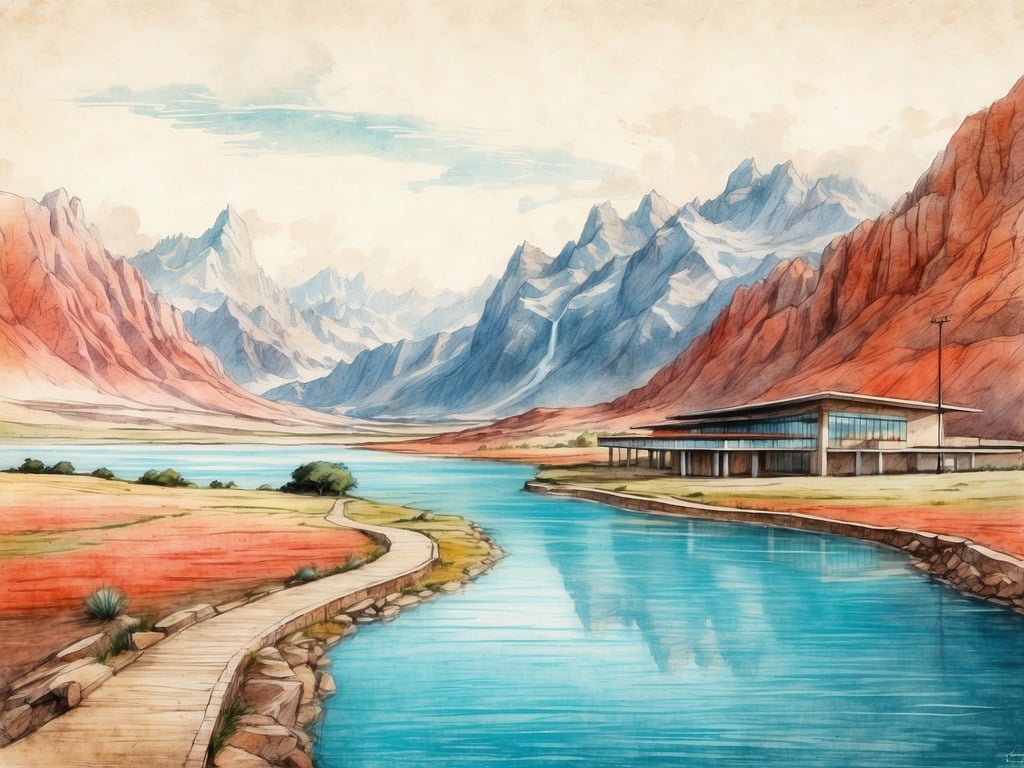 Auf dem Bild ist eine malerische Landschaft mit Bergen, einem ruhigen Gewässer und einem modernen Gebäude zu sehen. Es erinnert jedoch nicht an den Siam Park, der bekannt ist für seine Wasserattraktionen wie den 