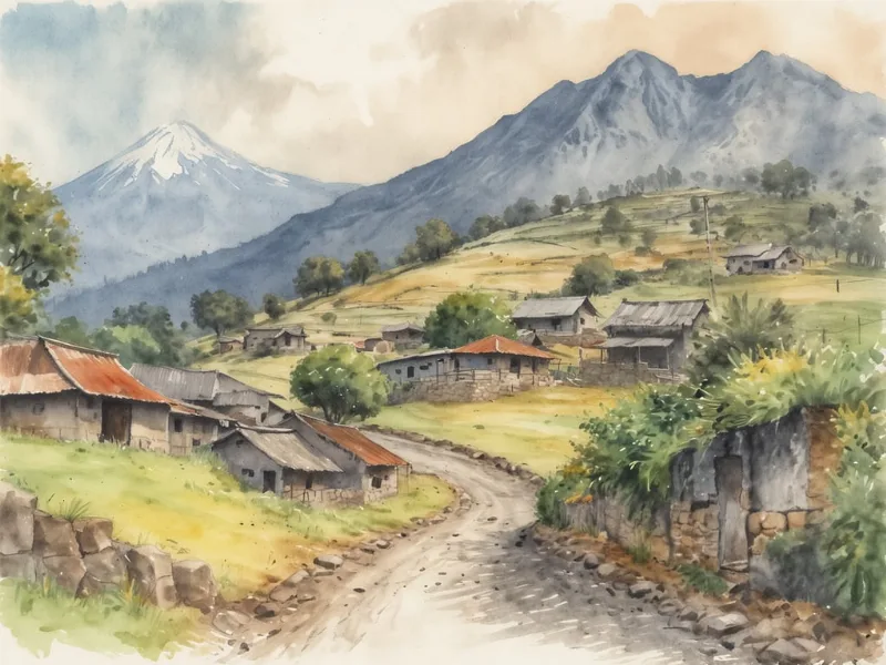Illustration: Bergdorf mit traditionellen Steinhäusern und Blechdächern, dahinter schneebedeckter Vulkan und grüne Landschaft