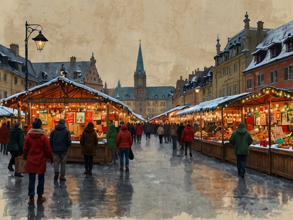 Auf dem Bild ist eine winterliche Szene eines Weihnachtsmarktes zu sehen. Es gibt festlich dekorierte Stände mit Lichtern und einer schneebedeckten Umgebung. Menschen schlendern gemütlich zwischen den Buden, die verschiedene Waren anbieten. 

**Sicher und stressfrei durch die Weihnachtsmarkt-Saison – ADAC-Tipps:**
1. **Frühzeitig planen:** Überlege dir im Voraus, welche Märkte du besuchen möchtest, um lange Wartezeiten zu vermeiden.
2. **Öffentliche Verkehrsmittel nutzen:** Vermeide den Stress des Parkens in überfüllten Innenstädten und nutze die öffentlichen Verkehrsmittel.
3. **Wettergerecht kleiden:** Achte auf warme Kleidung und wetterfeste Schuhe, damit du die Zeit im Freien genießen kannst.
4. **Budget festlegen:** Setze dir ein Limit für die Ausgaben, um nicht impulsiv zu kaufen.
5. **Sicherheitsvorkehrungen treffen:** Achte auf deine persönlichen Gegenstände und halte dich an die aktuellen Sicherheitsrichtlinien.

Mit diesen Tipps kannst du die festliche Atmosphäre des Weihnachtsmarktes sicher und entspannt erleben!