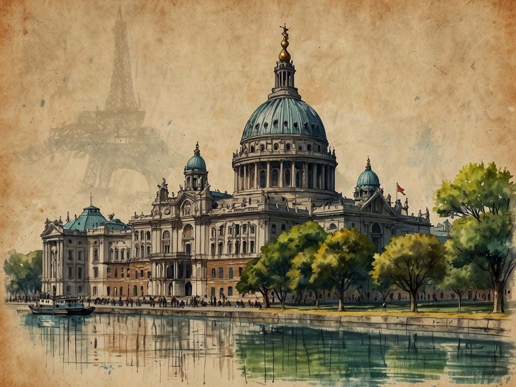 Auf dem Bild ist eine beeindruckende Architektur zu sehen, die an eine historische oder öffentliche Gebäude mit einer stilvollen Kuppel erinnert. Es spiegelt sich im Wasser eines Flusses oder Kanals, und im Hintergrund sieht man eine skizzenhafte Darstellung des Eiffelturms, was auf Paris hinweist. Diese Szenerie wäre ideal für eine Sightseeing-Tour, bei der man die Kombination von kunstvoller Baukunst und malerischer Umgebung genießen kann. Die Bäume und das Boot im Vordergrund tragen zur Atmosphäre eines schönen Ausflugs bei.