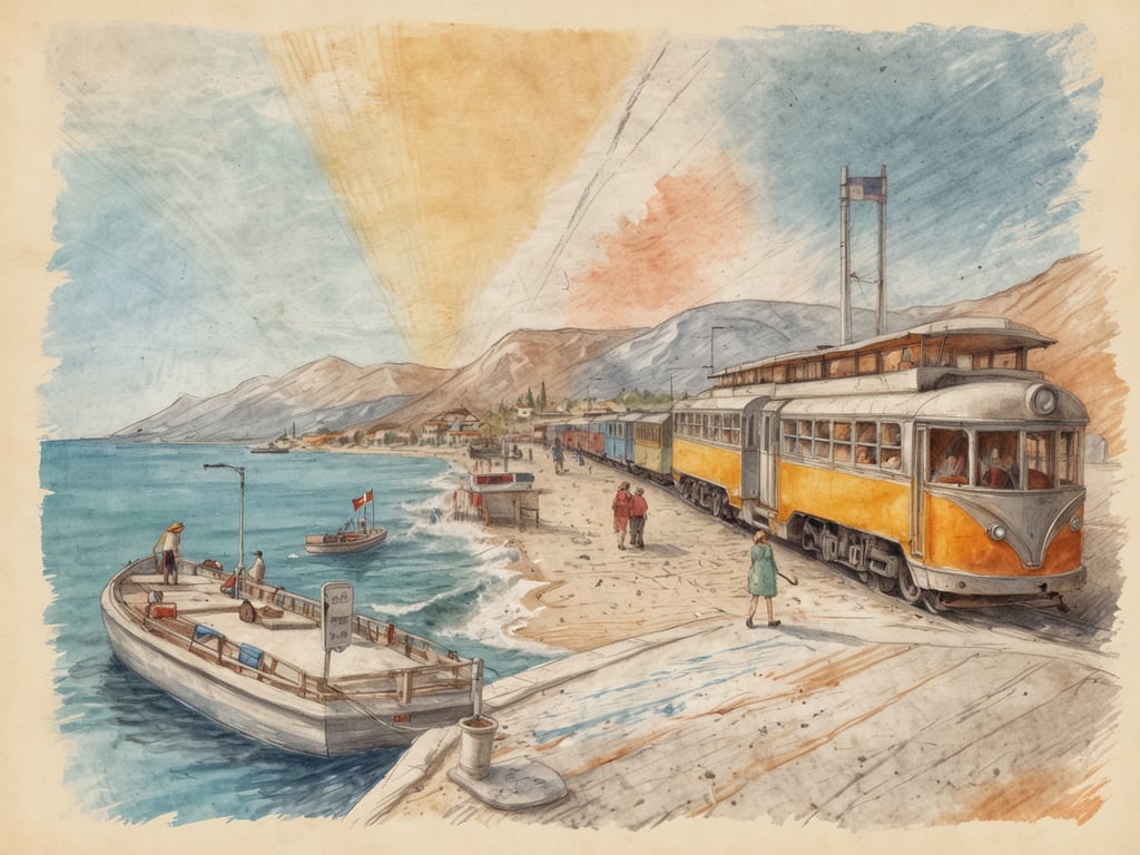 Auf dem Bild ist eine malerische Küstenlandschaft zu sehen, die einen hellen Himmel, das Meer und eine belebte Strandpromenade zeigt. Ein gelber Tramzug fährt entlang der Küste, während einige Menschen an einem Boot docken und den Tag genießen. Es scheint eine gemütliche, touristische Atmosphäre herrschen.

Zu deiner Frage: **Sind 3 Wochen Urlaub am Stück gesetzlich geregelt?** In Deutschland haben Arbeitnehmer das Recht auf einen Mindesturlaub von 24 Werktagen pro Jahr. Ob dieser Urlaub am Stück genommen werden kann, hängt von der Vereinbarung mit dem Arbeitgeber ab. In vielen Fällen ist es jedoch möglich, mehr als zwei Wochen am Stück zu nehmen, solange alle Parteien einverstanden sind.