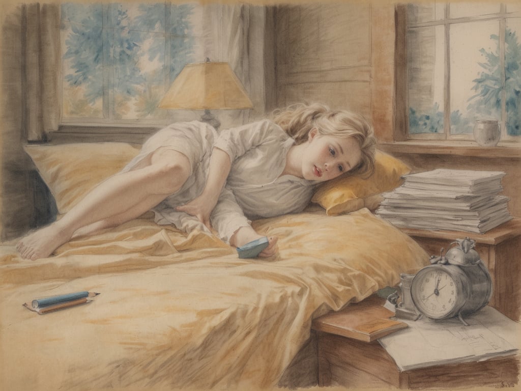 Auf dem Bild ist ein Mädchen zu sehen, das auf einem Bett liegt. Es scheint entspannt zu sein und schaut möglicherweise auf ein Handy. Es gibt einen Wecker und einige Bücher oder Papiere auf dem Nachttisch. Die Umgebung wirkt gemütlich und hell, mit Tageslicht, das durch das Fenster strömt. 

Sind Busreisen anstrengend? Ja, Busreisen können für viele anstrengend sein, besonders wenn sie lang und unbequem sind. Es kann auch stressig sein, in einem vollen Bus zu sitzen und die Zeit mit Warten und Reisen zu verbringen.