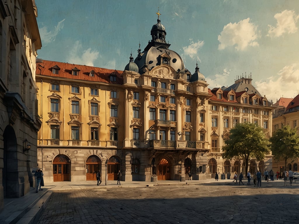 Auf dem Bild ist ein beeindruckendes historisches Gebäude zu sehen, das mit seiner prächtigen Architektur hervorsticht. Es scheint sich um ein Hotel oder ein ähnliches Gebäude zu handeln, das von eleganten Details und einer schönen Fassadengestaltung geprägt ist. Der Platz vor dem Gebäude ist belebt, und es gibt einige Bäume, die der Szene etwas Grün verleihen. 

Sir Hotels eröffnet Sir Prague: Luxus im Herzen von Prag.