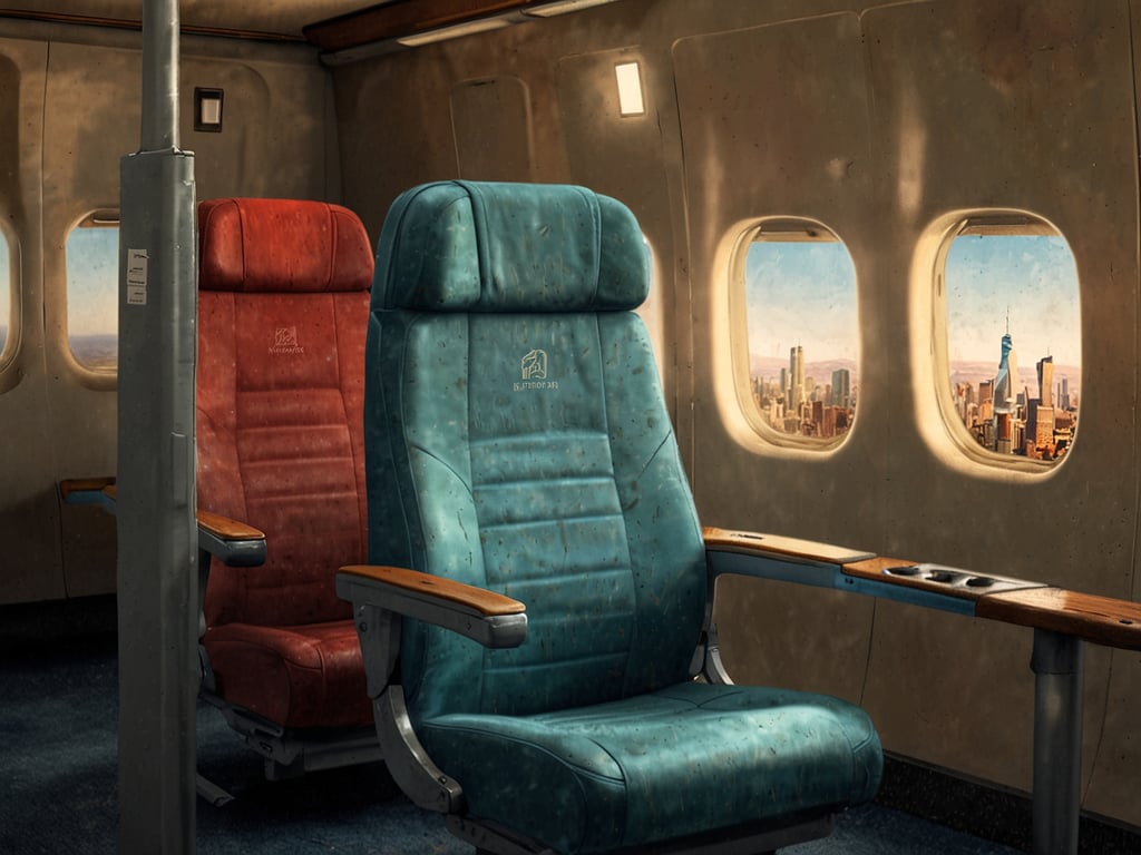 Auf dem Bild sind zwei Sitzplätze in einem Flugzeug zu sehen, wobei der linke Sitz rot und der rechte Sitz blau ist. Die Sitze wirken abgenutzt und haben Holzarmlehnen. Durch die Fenster kann man eine Stadtlandschaft mit Wolkenkratzern und einem klaren Himmel sehen, was auf einen Flug über eine urbane Umgebung hinweist. Die Szene vermittelt eine nostalgische Atmosphäre, als würde sie aus einer vergangenen Zeit stammen. Es gibt keine spezifische Sitzplatzreservierung, die erwähnt wird, aber man könnte sich vorstellen, dass die Sitzplätze für Passagiere reserviert sind.