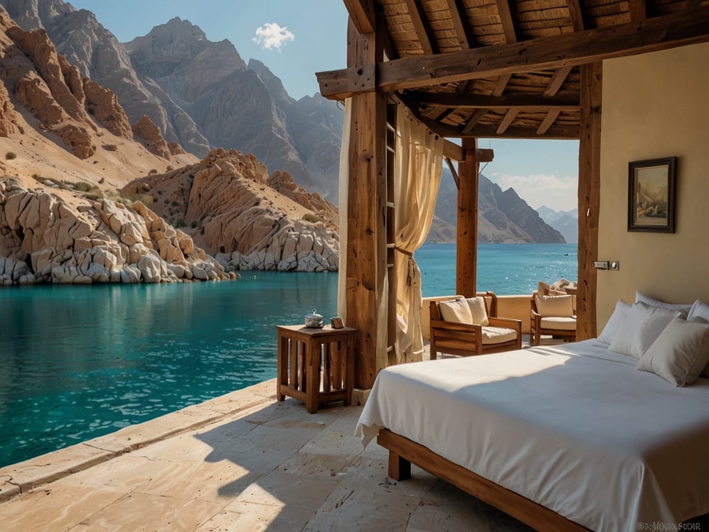 Auf dem Bild ist eine luxuriöse Unterkunft in einem traumhaften, natürlichen Ambiente zu sehen. Die Aussicht zeigt kristallklares Wasser, umgeben von majestätischen Bergen und beeindruckenden Felsen. Das Zimmer ist stilvoll eingerichtet mit einem großen Bett, Holzdetails und gemütlichen Sitzgelegenheiten. 

Diese Szene verkörpert das Six Senses Zighy Bay: Das ultimative Hochzeitsparadies 2024, wo Paare in einer romantischen und idyllischen Umgebung den wohl schönsten Tag ihres Lebens feiern können. Die Kombination aus atemberaubender Natur, privatem Komfort und exklusivem Service macht dieses Resort zu einem perfekten Ziel für Hochzeiten.