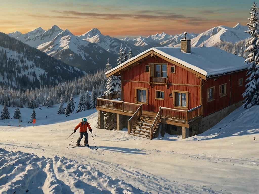 Auf dem Bild ist eine malerische Winterlandschaft in den Bergen zu sehen. Eine rustikale, rote Berghütte steht im Vordergrund, umgeben von schneebedeckten Bäumen. Im Vordergrund befindet sich ein Skifahrer, der die Piste hinunterfährt. Die majestätischen Berge im Hintergrund sind ebenfalls mit Schnee bedeckt und strahlen eine gemütliche, winterliche Atmosphäre aus. Dies könnte ein ideales Ziel für 
