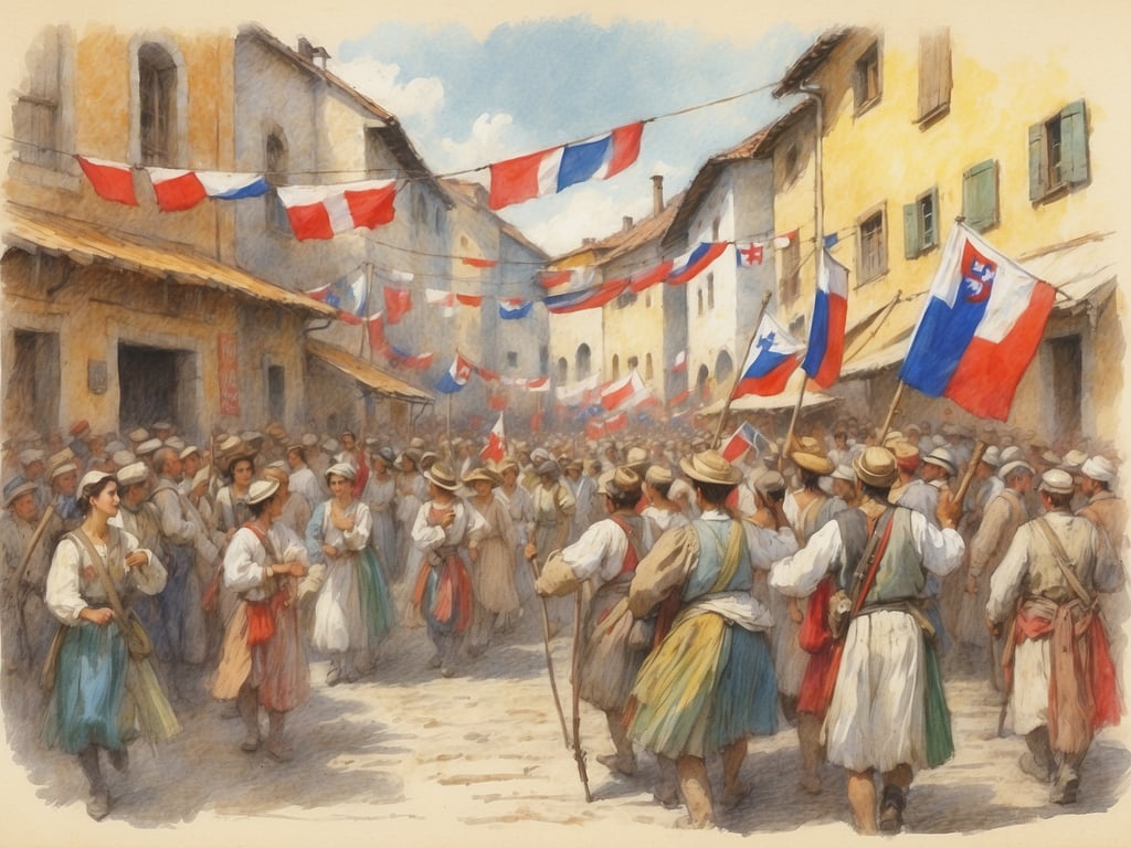 Auf dem Bild ist eine festliche Straßenszene mit Menschen zu sehen, die traditionell gekleidet sind und zu einer Feier zusammenkommen. Die Straßen sind geschmückt mit Fahnen, was auf ein wichtiges Fest hinweist. 

In der Slowakei gibt es viele beliebte Feste und Bräuche, die vergleichbar sein könnten. Beispiele sind das **Folklorefestival** in „Východná“, wo traditionelle Tänze, Musik und Trachten präsentiert werden. Auch das **Mikulášfest** (Nikolausfest) ist bekannt, bei dem Kinder mit Geschenken und Süßigkeiten überrascht werden. Ein weiteres wichtiges Ereignis ist der **Kefar**, ein traditionelles Erntedankfest, bei dem regionale Speisen und Getränke gefeiert werden.

Die dargestellte Szene könnte eine Art von Volksfest oder Umzug zeigen, das die Gemeinschaft und kulturelle Traditionen würdigt.