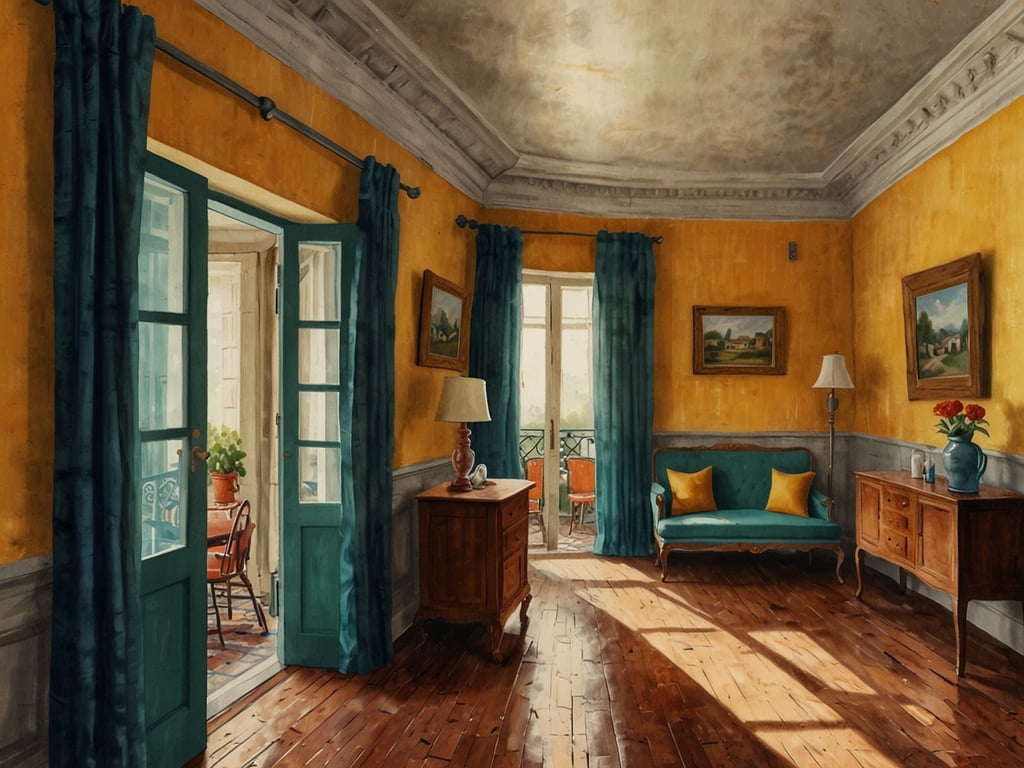 Auf dem Bild ist ein helles, freundliches Zimmer mit gelben Wänden und großen Fenstern zu sehen. Die Einrichtung wirkt gemütlich, mit einem blauen Sofa, einer Tischlampe und einigen Gemälden an den Wänden. Durch die offenen Türen gelangt man auf einen Balkon oder eine Terrasse, auf der sich ein Tisch und Stühle befinden. 

Wenn du nach Unterkunftsmöglichkeiten in Echternach suchst, könntest du das 