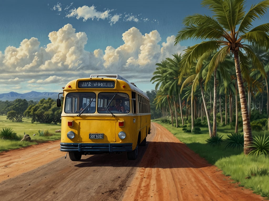 Auf dem Bild ist ein gelber Bus zu sehen, der auf einer staubigen Straße in Queensland fährt. Die Umgebung ist von üppigem Grün und Palmen geprägt, und im Hintergrund sind sanfte Hügel und ein blauem Himmel mit einigen Wolken zu sehen. 

Die Ankunft an einem solchen Ort in Queensland könnte eine spannende Erfahrung sein, während die Weiterreise mit dem Bus weitere Erkundungen durch die malerische Landschaft ermöglichen würde.