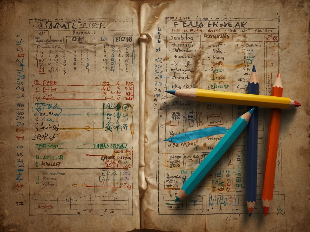 Auf dem Bild ist ein offenes, antikes Buch oder ein Notizbuch zu sehen, das handschriftliche Aufzeichnungen in verschiedenen Farben enthält. Es scheint, als wären Daten und Listen notiert, möglicherweise von Reisen oder Veranstaltungen. Darüber liegen mehrere Buntstifte in verschiedenen Farben, die einen kreativen Aspekt hinzufügen.

In Bezug auf 