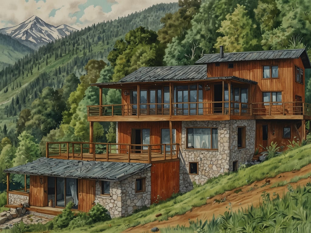 Auf dem Bild ist ein modernes, zweigeschossiges Haus zu sehen, das aus Holz und Stein erbaut ist. Es liegt in einer grünen, bewaldeten Landschaft am Fuße von Bergen mit schneebedeckten Gipfeln. Das Haus verfügt über große Fenster und Balkone, die einen Blick auf die umliegende Natur ermöglichen. Der Garten scheint gepflegt zu sein, und die gesamte Szenerie vermittelt ein harmonisches Gefühl von Ruhe und Naturverbundenheit.