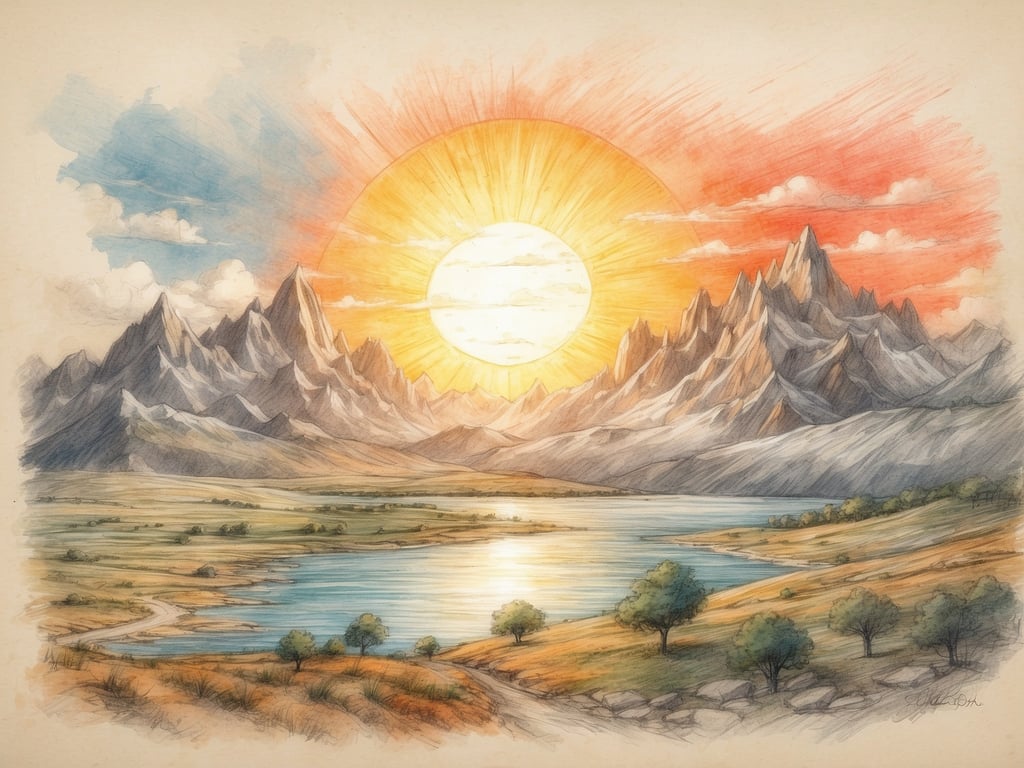Auf dem Bild ist eine wunderschöne Landschaft zu sehen, die von majestätischen Bergen, einem ruhigen See und einer warmen Sonne geprägt ist. Die Farben des Himmels reichen von blau zu rot, was eine malerische Abendstimmung erzeugt. 

So sind die Sommerferien für die Schulen in Bayern 2024, die von Ende Juli bis Anfang September dauern, eine gute Gelegenheit, solche Naturlandschaften zu genießen und Zeit im Freien zu verbringen.