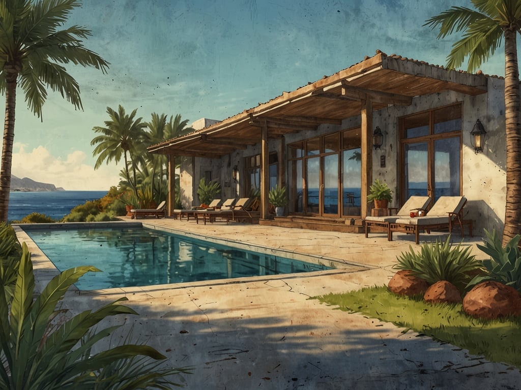 Auf dem Bild ist eine malerische Villa zu sehen, die von einem Pool umgeben ist. Die Architektur wirkt einladend, mit breiten Veranden und großen Fenstern, die einen Blick auf das Meer bieten. Palmen und andere Pflanzen sorgen für eine tropische Atmosphäre. Diese exklusive Umgebung könnte perfekt für entspannende Tage im Söl'ring Hof sein, wo man die Ruhe und den Luxus der Natur genießen kann.