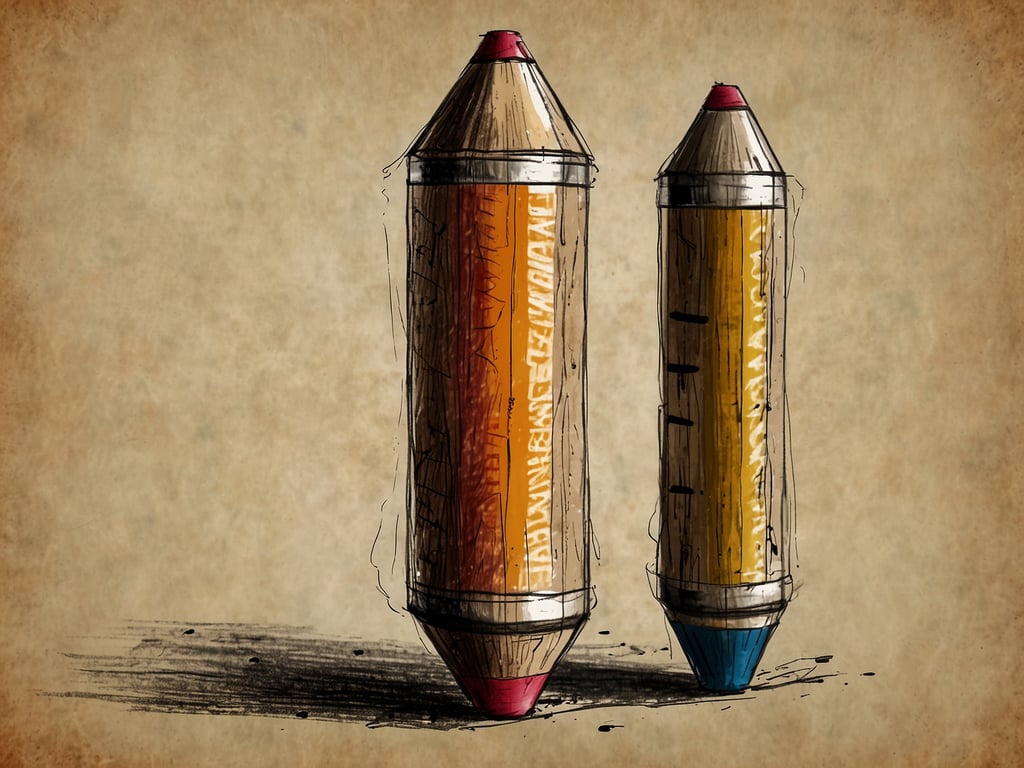 Auf dem Bild sind zwei große Buntstifte zu sehen, die in unterschiedlichen Farben dargestellt sind. Der linke Buntstift ist in einem warmen Orange mit einer roten Spitze, während der rechte Buntstift gelb mit einer blauen Spitze ist. Die künstlerische Gestaltung verleiht dem Bild eine kreative Note.

Beliebtheit: solch künstlerische Darstellungen von Alltagsgegenständen sind oft bei Kindern und Kunstliebhabern beliebt, da sie eine Mischung aus Kreativität und Nostalgie vermitteln.

Gästefeedback: Nutzer würden wahrscheinlich die Kombination aus Einfachheit und kreativer Darstellung schätzen und könnten anmerken, dass die Farben lebendig sind und eine positive Stimmung hervorrufen. Die Illustration könnte Inspiration für kreative Projekte oder Kunststunden bieten.