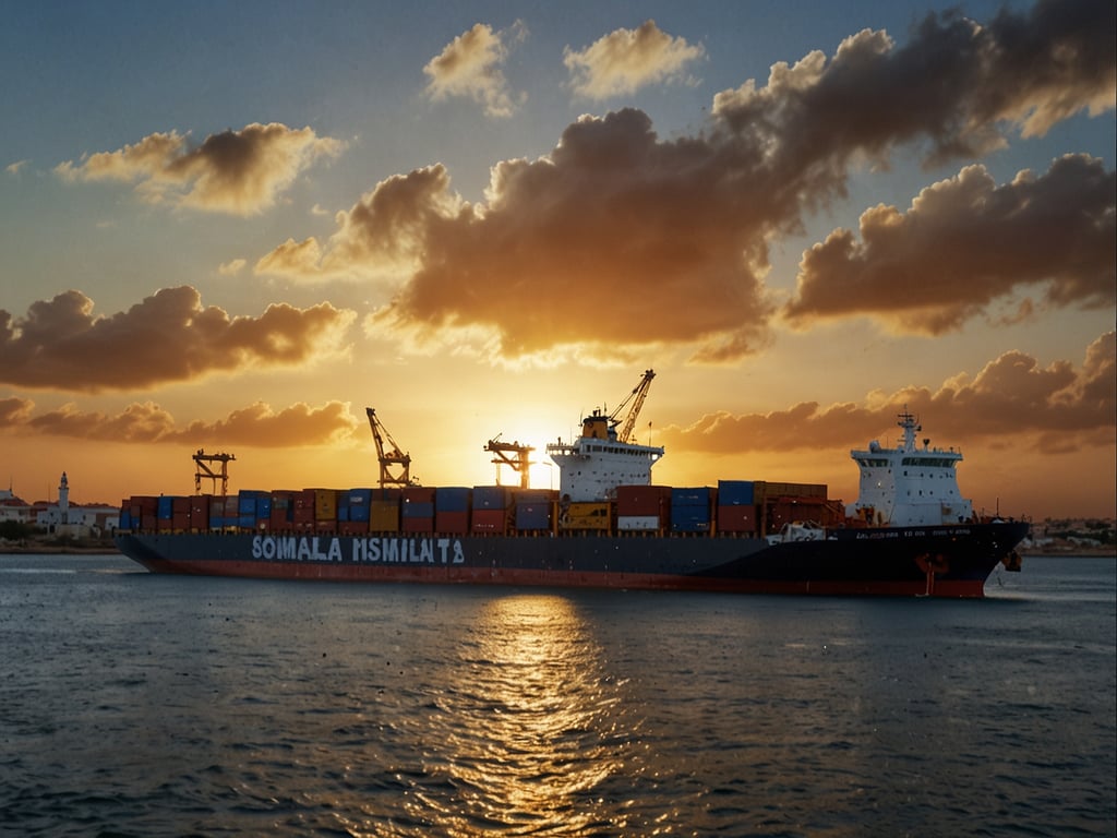 Auf dem Bild ist ein Containerschiff zu sehen, das im Sonnenuntergang auf dem Wasser fährt. Das Schiff trägt den Namen 