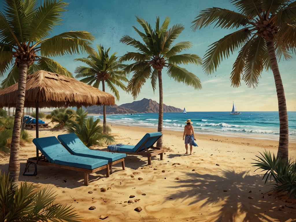Auf dem Bild ist ein schöner Strand zu sehen, der perfekt für einen Sommerurlaub geeignet ist. Es gibt Palmen, Liegen und ein Sonnenschirm unter dem sich jemand entspannen kann. Am Wasser sieht man Segelboote und die Wellen des Meeres, was eine entspannende Urlaubsatmosphäre schafft. Eine Person geht am Strand entlang, was die friedliche Stimmung unterstreicht.