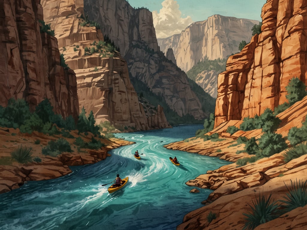 Auf dem Bild sind Kajakfahrer zu sehen, die in einem klaren Fluss durch einen Canyon paddeln. Die steilen Felswände und die schöne Landschaft im Hintergrund schaffen eine beeindruckende Kulisse für den Wassersport. Die Szene vermittelt ein Gefühl von Abenteuer und Naturerlebnis, während die Kajakfahrer die Herausforderungen und Freuden des Kajakfahrens im Canyon genießen.
