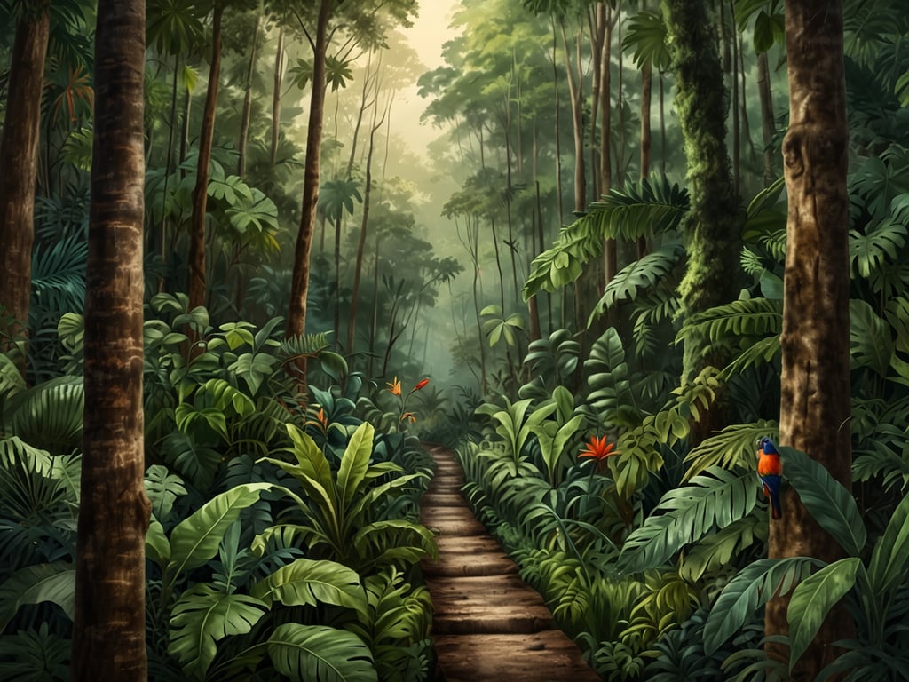 Auf dem Bild ist eine üppige, tropische Landschaft zu sehen, die die vielfältige Tier- und Pflanzenwelt widerspiegelt. Dichte, grüne Pflanzen und große Bäume umgeben einen schmalen, gepflasterten Weg, der sich durch den Wald schlängelt. In den Bäumen gibt es lebendige Vögel, die zur bunten Flora beitragen. Diese Szenerie zeigt die Schönheit und Vielfalt der tropischen Regenwälder, die eine Vielzahl von Lebensräumen für viele Tiere und Pflanzen bieten.