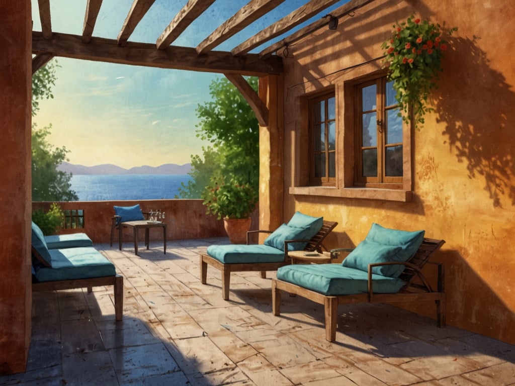 Auf dem Bild ist ein sonnendekorierter Bereich zu sehen, der von einer Überdachung geschützt ist. Es gibt mehrere Liegen mit blauen Kissen, einen kleinen Tisch in der Mitte und einen wunderschönen Blick auf das Wasser und die hügelige Landschaft im Hintergrund. Die Wände sind in warmen Erdtönen gehalten, und es gibt einige Pflanzen, die den Raum lebendig wirken lassen.