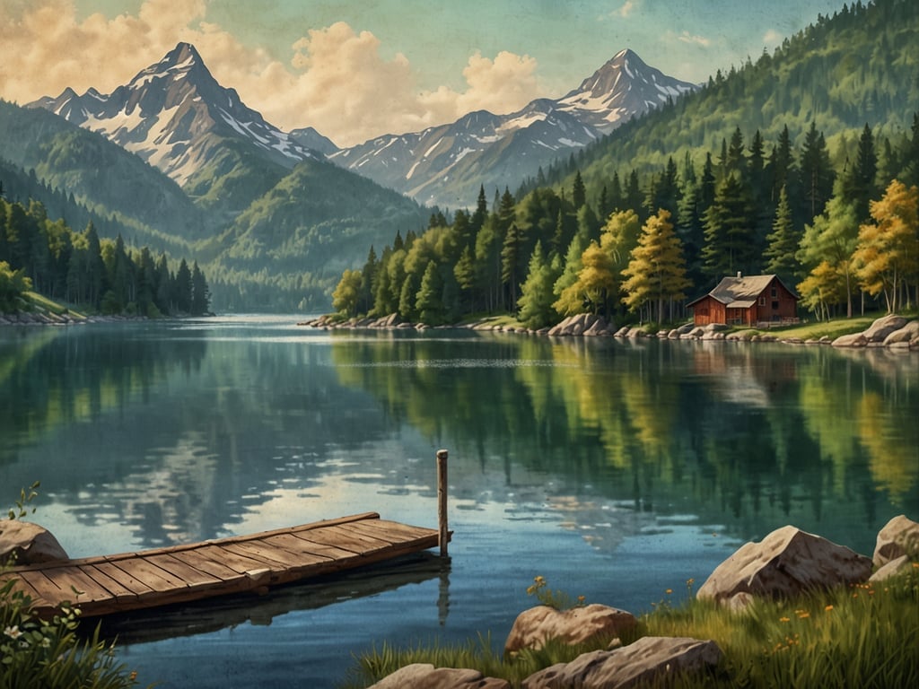 Auf dem Bild ist eine wunderschöne, ruhige Landschaft zu sehen. Ein klarer See spiegelt die umliegenden Berge und den Wald wider. Am Ufer steht ein charmantes Holzhaus, umgeben von grünen Bäumen und Steinen. Der Holzsteg, der ins Wasser führt, lädt dazu ein, die friedliche Umgebung zu genießen. Diese Szenerie verkörpert perfekt Entspannung und Erholung in Sorata, wo die Natur in ihrer reinsten Form zur Ruhe und Besinnung einlädt.