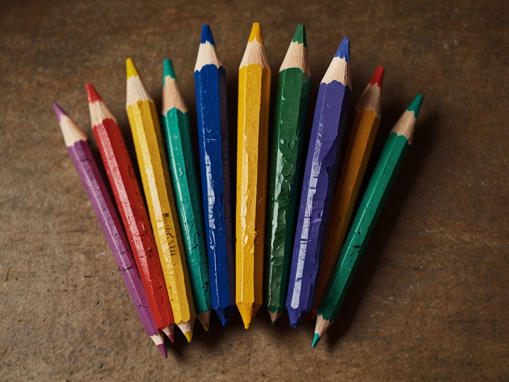 Auf dem Bild sind viele bunte Buntstifte zu sehen, die in einer bestimmten Anordnung auf einem Untergrund liegen. Sie sind in verschiedenen Farben wie Rot, Blau, Grün, Gelb und Violett. Diese bunten Stifte könnten zum Zeichnen und Malen verwendet werden, was viel Kreativität und Farbausdruck ermöglicht. In Spanish Lookout könnte man diese Stifte vielleicht für Kunst- oder Schulprojekte nutzen.