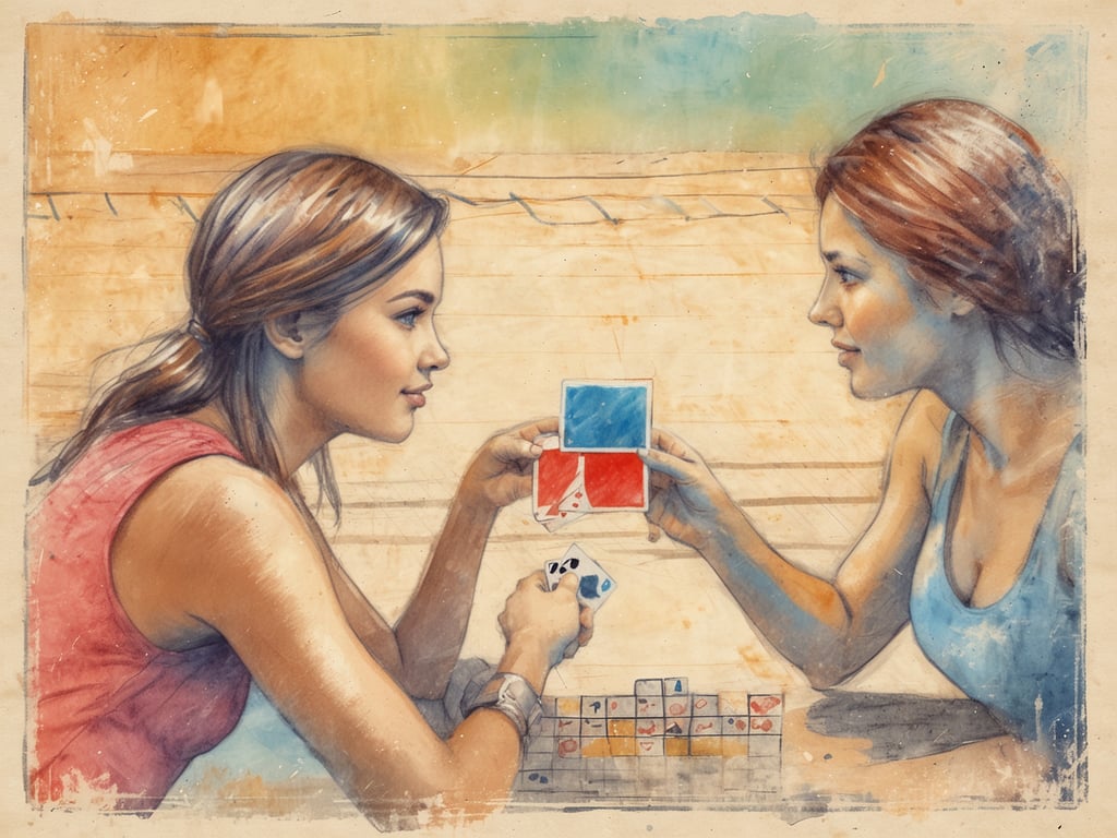 Auf dem Bild sind zwei Frauen zu sehen, die miteinander spielen. Sie scheinen in einer entspannten Umgebung zu sein, möglicherweise im Urlaub. 

Geeignete Spiele für zwei Erwachsene im Urlaub könnten zum Beispiel sein:

1. **Karten spiele**: Wie Uno oder Skat.
2. **Brettspiele**: Zum Beispiel „Azul“ oder „Carcassonne“.
3. **Würfelspiele**: Wie „Yathzee“ oder „Qwixx“.
4. **Strategiespiele**: Beispielsweise „7 Wonders Duel“ oder „Catan: Das Duell“.

Diese Spiele fördern die Interaktion und machen den Urlaub noch unterhaltsamer.