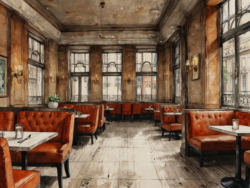 Auf dem Bild ist ein elegantes Restaurant zu sehen. Der Raum ist hell und gut beleuchtet, mit großen Fenstern, die viel Tageslicht hereinlassen. Die Wände sind in warmen Tönen gehalten, und es gibt bequeme, orangefarbene Polsterbänke sowie Tische, die mit weißen Tischdecken und Besteck gedeckt sind. Der Stil des Innenraums vermittelt eine gemütliche, einladende Atmosphäre, die ideal für Feinschmecker ist. Eine kleine Pflanze auf einem Tisch sorgt für einen zusätzlichen Farbakzent.