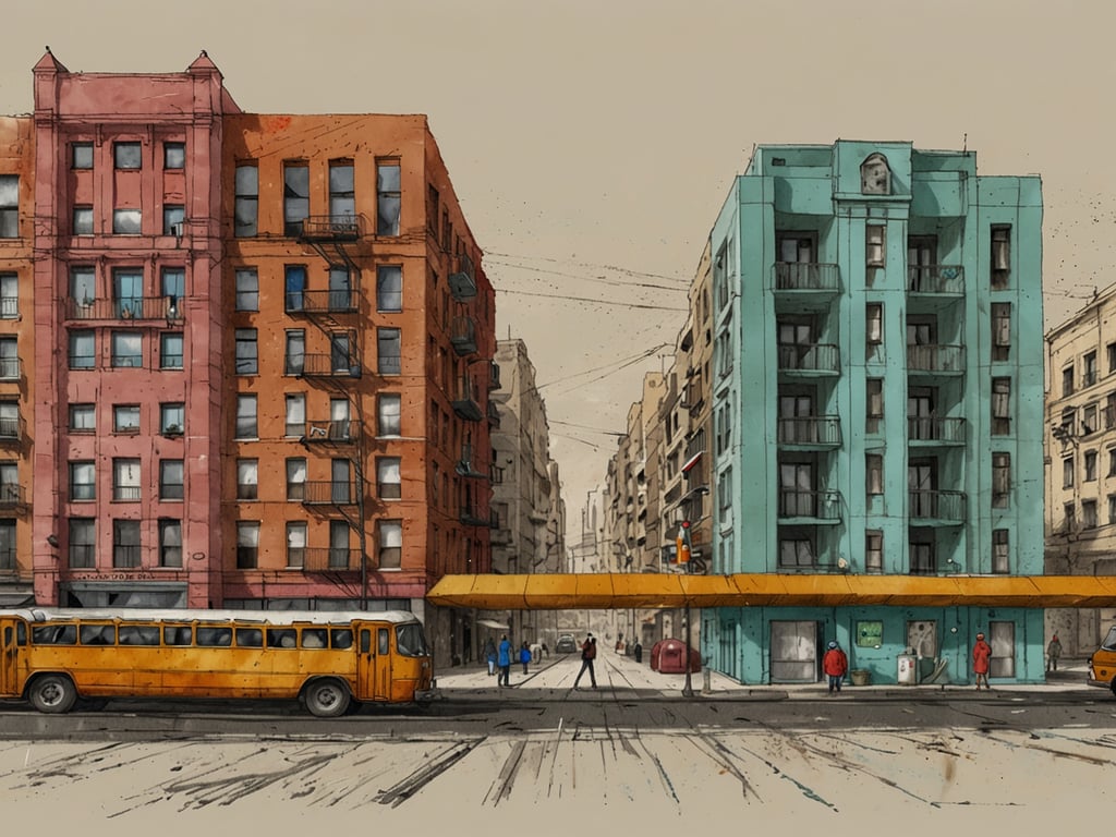 Auf dem Bild ist eine städtische Szene mit mehreren Gebäuden zu sehen, darunter ein Stadthotel in einer auffälligen blauen Farbe. Vor dem Hotel stehen Menschen, und ein gelber Bus ist auf der Straße angehalten. Die Architektur der Gebäude scheint sowohl moderne als auch ältere Stile zu kombinieren, was der Umgebung eine interessante Atmosphäre verleiht. Am Straßenrand sind Verkehrssignale zu erkennen, die auf das städtische Leben hinweisen.