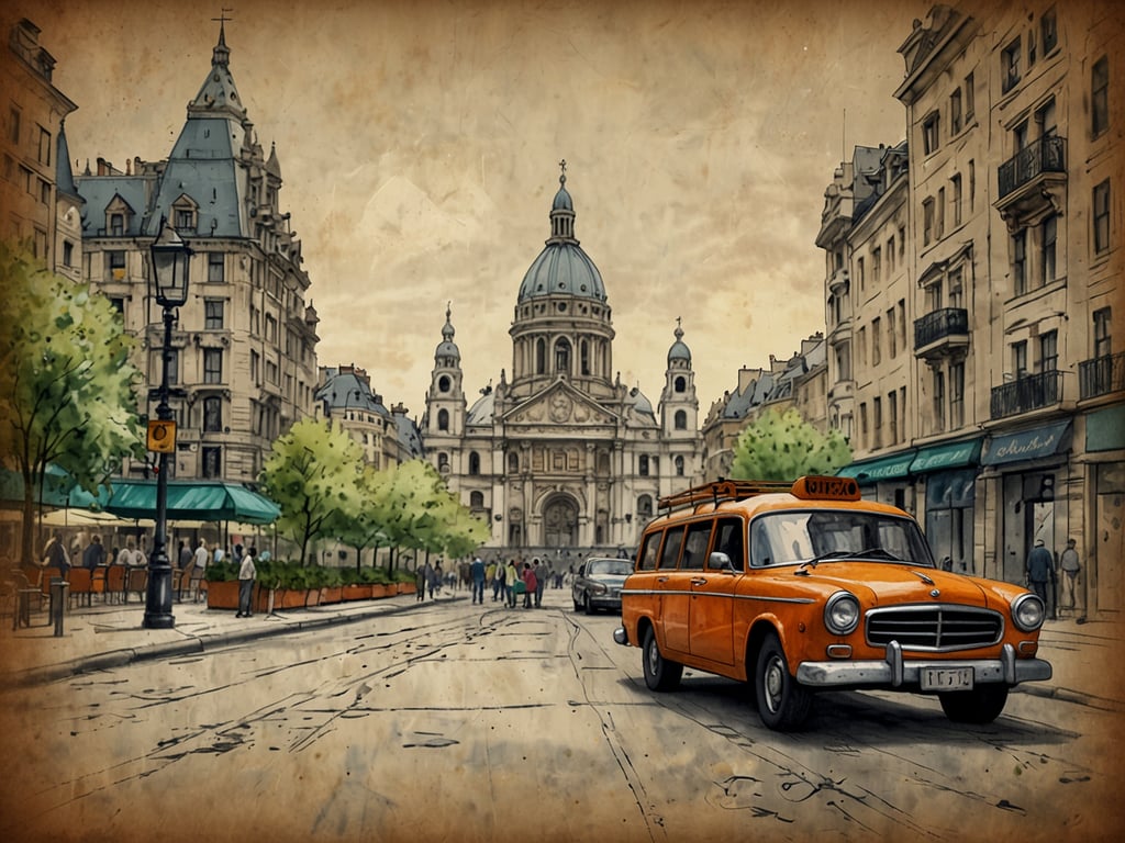 Auf dem Bild ist eine belebte Straßenansicht mit einem orangefarbenen Auto zu sehen, das aussieht wie ein Taxi oder ein Fahrzeug für eine Stadtrundfahrt. Im Hintergrund erkennt man eine beeindruckende Kirche oder ein großes Gebäude mit einer schönen Kuppel. Die Bäume und Terrassen in der Straße tragen zur lebhaften Atmosphäre bei, die typisch für eine Stadtansicht ist. Es scheint ein Ort zu sein, der häufig von Touristen besucht wird, ideal für eine Stadtrundfahrt.
